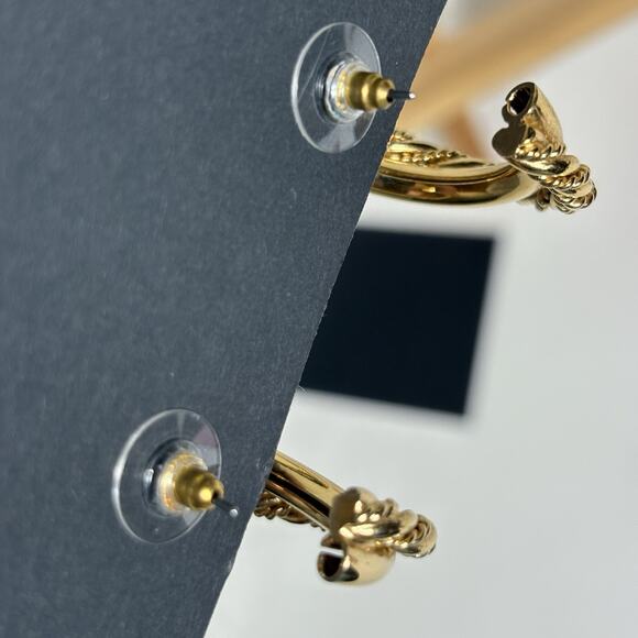 Gold Tone Hoops Double Multi Twist Pierced 1 1/2" Vintage Retro Minimalist - Picture 6 of 9